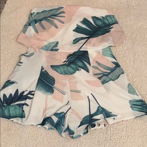 Palm tree print strapless romper